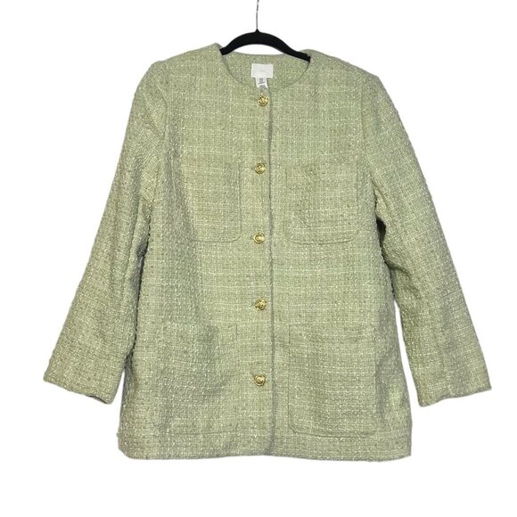 H&M Boucle Jacket Pistachio Green and White Gold Buttons Size Medium Preppy NWT - Picture 2 of 9
